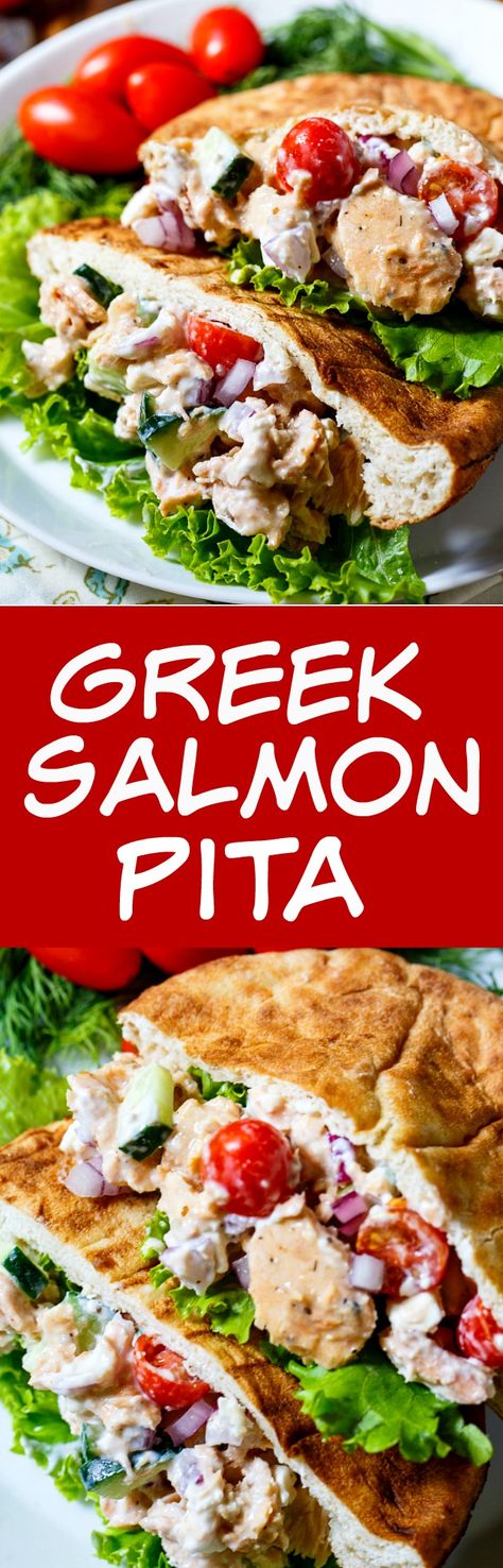 Greek Salmon Pita Sandwich with feta cheese, Greek yogurt, cucumbers, and tomatoes. Salmon Pita, Greek Salad Pita Pockets, Salmon Pita Sandwich, Salmon Pita Pocket, Tuna Pita Pocket, Mediterranean Chicken Pita Pockets, Bbq Chicken Pita Pocket, Pita Pocket Recipes, 15 Min Meals