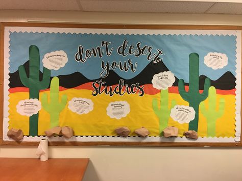 Don't Desert Your Studies Bulletin Board Academic Success Bulletin Board, Ca Bulletin Board Ideas, Ra Bulletin Boards New Semester, Breakroom Decor Ideas, Bulliten Board Design, Ra Floor Themes Ideas, Bulletin Board Ideas For College, Ra Hall Themes, Ra Floor Themes