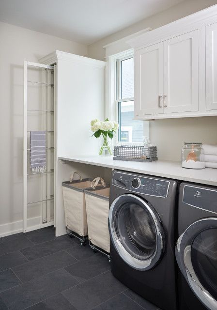 Laundry Upstairs, Upstairs Laundry Room, Upstairs Laundry, Rolling Laundry Basket, Recessed Panel Cabinets, Laundry Ideas, Mudroom Laundry Room, White Laundry, Mud Rooms