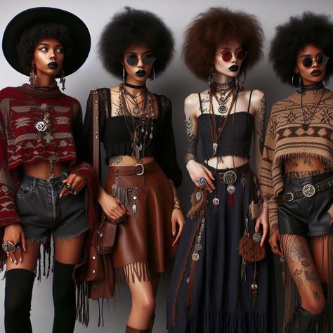 Indigenous Punk, Spiritual Aesthetic Outfit, Goth Girl Aesthetic Outfit, Dark Boho Outfits, Dark Bohemian Fashion, Black Hippie Outfits, Cottagecore Witch Outfit, Boho Outfits Black Women, Alternative Black Women