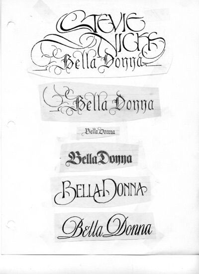 Original test designs for the Bella Donna album logo by designer Michael Manoogian Stevie Nicks Inspired Tattoos, Stevie Nicks Signature, Stevie Nicks Handwriting, Bella Donna Tattoo, Stevie Nicks Sublimation Designs, Stevie Nicks Bella Donna, Album Logo, Tattoo Planning, Greek Font