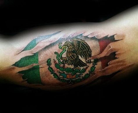 Mexican Eagle Flag Mens Bicep Tattoos With Ripped Skin Design Mexican Flag Tattoos, Mexican Eagle Tattoo, Eagle Tattoo Designs, Mexico Tattoo, Mexican Eagle, Mayan Tattoos, Mexican Tattoo, Mexican Art Tattoos, Usa Tattoo