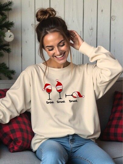 Cut Shirt Designs, Drink Drank Drunk, Cozy Drinks, Christmas Drink, Christmas Letter, Animal Christmas, Minimalist Pattern, Glass Pattern, Sweatshirt For Women