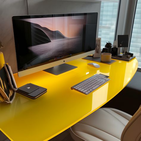 Desk setup with yellow table Black And Yellow Gaming Setup, Clean Desk Setup, Workspace Setup, Yellow Desk, Gamer Office, Clean Desk, Gamer Setup, Pc Build, Yellow Table