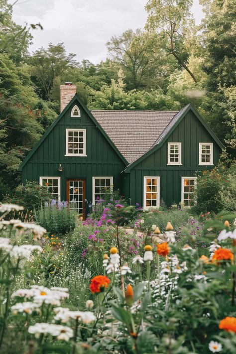 Green Paint Outside House, Painted Cabin Exterior, Paint Colors For Outside Of House, Green And White Exterior House Colors, Woodland Cottage Exterior, Green House Brown Roof, Green House Exterior Ideas, Green Houses Exterior, Green Colored House