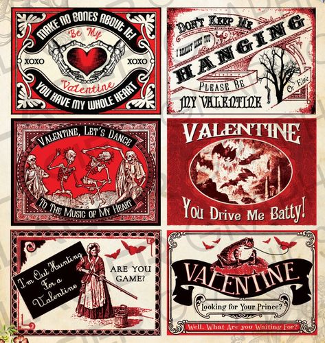 Set of 6 goth victorian valentine cards, created with vintage prints, famous artwork and my own created goth ephemera for non-traditional valentine fans. This listing includes a beautiful set of Vintage Gothic Valentine altered art trade cards that measure 3.5" to 2.5" in width and you get 2 different sets of labels on 8.5 inch x 11 inch printable sheets.  They can easily be resized up or down using your scale option when you print (not up more than 120% or they become blurry).  All you have to Valentine Cards Diy, Goth Valentines, Skeleton Valentine, Whiskey Art, Creepy Crafts, Teen Library, Goth Things, Diy Valentines Cards, Victorian Valentines