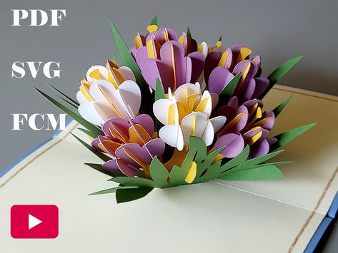 Flower Pop Up Card, Pop Up Flower, Pop Up Flower Cards, Crocus Flower, 3d Paper Crafts, Card Tutorial, Flower Svg, Svg For Cricut, Kirigami