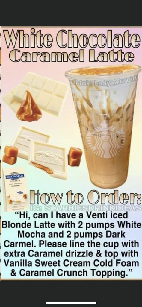 Kuerig Ideas, Starbucks Lattes, Starbucks Halloween Drinks, Starbies Drinks, White Chocolate Caramel, Starbucks Drink Menu, Liquid Therapy, Starbucks Secret Menu Recipes, Disney Dishes