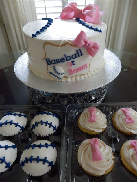 Gender Reveal Baseball or bows Gender Reveal Baseball, Baseball Gender Reveal, Gender Reveal Party Food, Bows Gender Reveal, Baby Reveal Cakes, Gender Reveal Baby Shower Themes, Baby Gender Reveal Party Decorations, Bow Gender Reveal, Gender Reveal Party Games