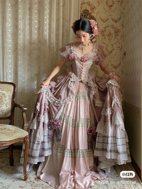 Princess Aesthetic Dresses Pink, Pink Victorian Outfit, Victorian Style Ball Gowns, Pink Royal Outfits, 18000s Dress, 1800s Royal Fashion, 1780s Dress England, Regal Ball Gown, Tea Party Gown