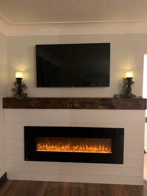 Electric Fireplace Half Wall, Half Electric Fireplace, Half Wall Electric Fireplace Ideas, Linear Electric Fireplace With Tv Above, Wall Mount Fireplace Ideas, Fireplace Flush With Wall, Electric Fireplace Buikt In, Fireplace Under Tv, Electric Fireplace Insert Shiplap