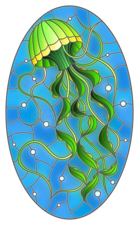 Stained glass illustration with abstract green jellyfish against a blue sea and bubbles, oval image. Illustration in stained glass style with abstract green stock illustration Jellyfish Abstract, Medusa Animal, Stained Glass Illustration, Green Jellyfish, Glass Illustration, Glass Style, Stained Glass Art, Jellyfish, Blue Sea