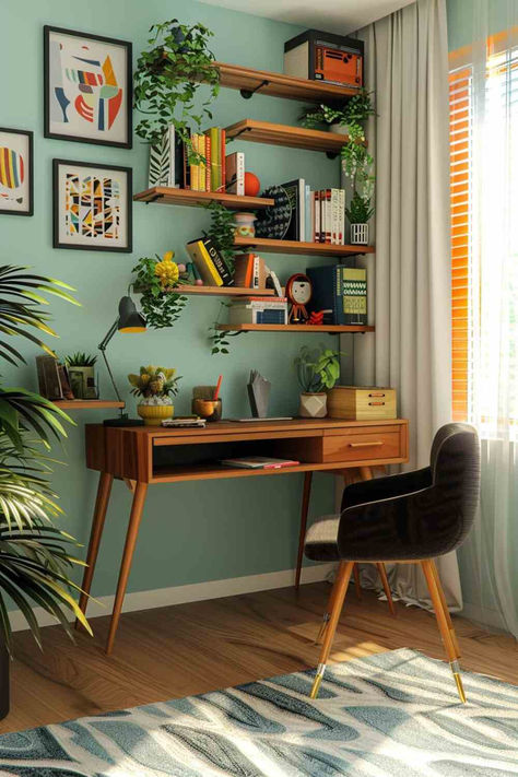 50+ Cozy Office Built-In Designs for Inviting Home Workspaces Home Office Near Window, Small Office Space Color Ideas, Artsy Office Space, Office Earth Tones, Colorful Office Aesthetic, Work Office Inspo Decor, Corner Desk Office Layout, Fun Home Office Ideas, Colourful Home Office Ideas