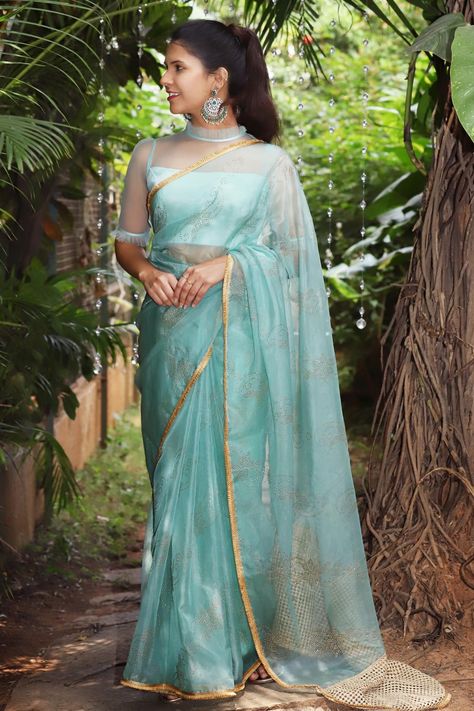 Sea green organza saree with gold embossed work and beige-gold frill border  #saree #blouse #houseofblouse #indian #bollywood #style #designer #seagreen #organza #gold #embossed #work #beige #frill #border #lace #sheer #cocktail Blouse Design For Organza Saree, High Neck Saree Blouse, Latest Blouse Design, Saree Organza, Designer Blouses Online, Blouse Designs High Neck, Organza Embroidery, New Blouse Designs, Sari Blouse Designs