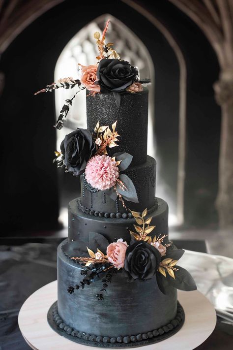 Add a touch of drama and elegance to your celebration with our stunning Black Wedding Cake Topper, featuring a unique combination of dark and gold floral arrangements in dusty rose hues. This eye-catching cake topper is perfect for black-themed weddings, Halloween events, or any special occasion that embraces a rich color palette. *Exquisite Design: The floral cake topper showcases a beautiful mix of black, gold, and dusty rose flowers, creating a striking contrast that elevates the overall look Dusty Pink And Black Wedding, Dark Wedding Cake, Dusty Rose Flowers, Black Wedding Cake, Floral Cake Topper, Wedding Cake Roses, Black Wedding Cakes, Floral Wedding Cake, Pink Wedding Cake