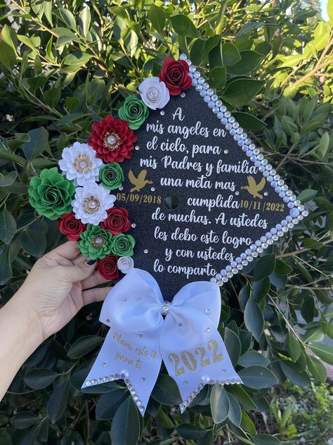 "Congratulations on your Graduation!! CHECK PROCESSING TIMES IF YOU NEED IT BEFORE DATE SHOWN MAKE SURE TO MESSAGE ME TO CONFIRM I AM ABLE TO ACCOMMODATE YOUR ORDER  Custom Graduation Cap Topper Beautiful Decorated accessory piece that will make your day more special!!  Handcrafted with attention to detail using glitter cardstock, vinyl, handmade flowers. The size of the topper is approximately 10x10\" which will fit standard sizes graduation caps. Please leave a note should you need a different First Gen Grad Cap, Decorate Graduation Cap College, Grad Cap Bow, 1st Gen Graduation Cap, First Gen Graduation Caps, Grad Cap Ideas Spanish, Bow Graduation Cap, Graduation Cap With Bow, Graduation Cap Designs In Spanish