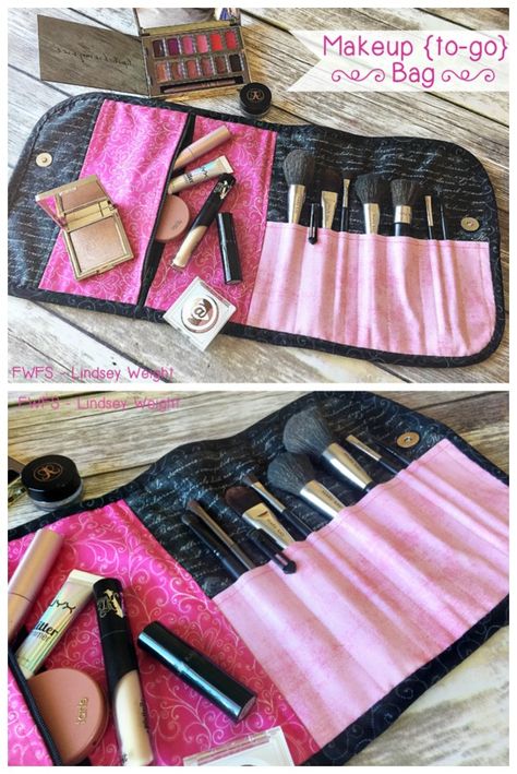 Makeup (to-go) Bag FREE sewing tutorial. This awesome free make-up bag sewing pattern has special compartments for your brushes and a zip pouch for your makeup. Sew this DIY cosmetics bag and customize it for the size and number of brushes. The flat design makes it ideal for travel and other storage uses for arts and crafts too. #SewModernBags #FreeSewingPattern Makeup Brush Bag Diy, Diy Travel Makeup Organizer, Diy Make Up Bags Free Pattern, Sewing Pattern Makeup Bag, Diy Travel Makeup, Travel Cosmetic Bag Organizers, Cosmetic Bags Diy, Makeup Bag Pattern, Diy Makeup Brush