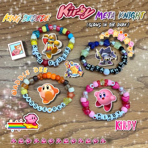 ⭐️Ready to go on an adventure with Kirby and friends? Or just simply wear your favorite character?⭐️ Well, now you can with one of these bracelets! Each bracelet is stretchy enough to fit an average sized wrist. However, if a bigger or smaller size is needed please contact me when placing your order! Have any further questions? Please talk to me, and I'll answer them as best I'm able!  ❗️DISCLAIMER: I own nothing but the patterns/designs of these bracelets. These bracelets are only inspired by the Kirby characters. All other rights go to their respective owners and creators. It is recommended you don't get these bracelets wet. Kirby Party Games, Kirby Kandi Pattern, Plur Bracelets Kandi, Bracelet Ideas Characters, Cartoon Bracelet Ideas, Friendship Bracelets For 4, Friendship Bead Bracelets Ideas, Kirby Bracelet, Bracelet Patterns Ideas