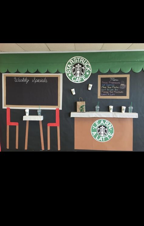 Coffee Shop Reading Corner Classroom, Coffee Bulliten Board, Reading Cafe In Classroom, Coffee House Classroom, Coffee House Classroom Theme, Starbooks Cafe Classroom, Reading Cafe, Book Fairs, Door Decorating Contest