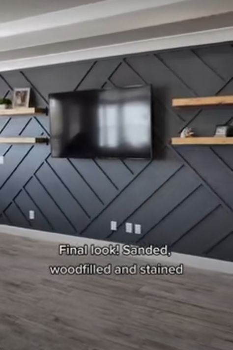 Modern Accent Wall With Shelves, Shiplap Tv Accent Wall Living Room, Bedroom Tv Accent Wall, Accent Behind Tv, Wall Accent Ideas Living Room, Black Wall Behind Tv, Accent Wall Behind Tv, Tv Accent Wall, Behind Tv Wall Decor