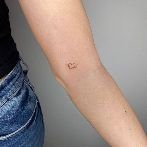 Gemini Heart Tattoo, Dainty Saturn Tattoo, Saturn Heart Tattoo, Inner Arm Small Tattoo, Arm Heart Tattoo, Heart Planet Tattoo, Inner Arm Heart Tattoo, Heart Tattoo Inner Arm, Heart Tattoo On Arm