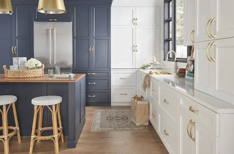 Gold Cabinet Pulls, Blue Cabinets, White Kitchen Design, Caribbean Blue, Blue Kitchen, Kitchen Design Ideas, Cabinet And Drawer Pulls, Kitchen Reno, Cabinet Decor