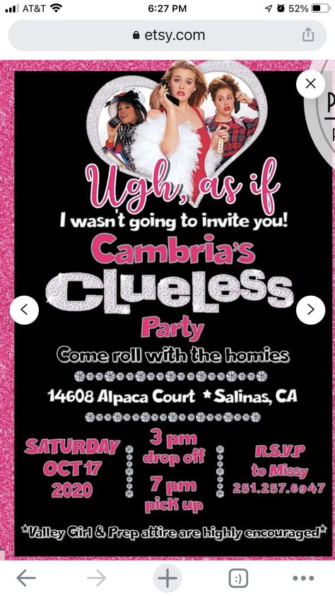 Bratz Vs Barbie Party Invitations, Clueless Party Ideas, Clueless Birthday Party Theme, Clueless Party Theme, Clueless Themed Birthday Party, Clueless Birthday Party, 2000s Party Invitation, Clueless Theme, Clueless Birthday