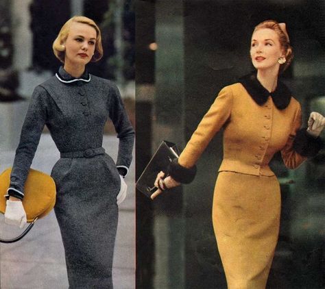 1950s-Fashion----Slender-Fall-Dresses-1953 Beautiful Fall Dresses, 40s Mode, 1950’s Fashion, 1950 Fashion, Vintage Fashion 1950s, Vintage Suit, Fifties Fashion, Look Retro, Fashion 1950s