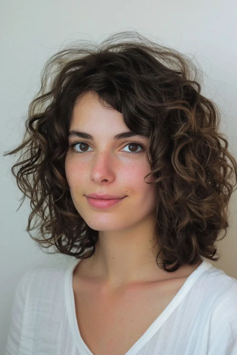 A smiling young woman with curly brown hair and bright eyes against a light background. Shoulder Length Fine Wavy Hair, Trendy Shoulder Length Haircuts Straight, Mid Length Permed Hair, Shoulder Curly Hair, Shoulder Length Hair Curly, Curly Hairstyles With Layers, Curly Mid Length Hair, Shoulder Length Wavy Hairstyles, Shoulder Length Curly Hair With Layers