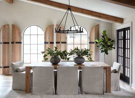 Joanna Gaines says the details in the "Fixer Upper" home from episode five of season five is one of her favorites. Dining Room Table And Chairs, Interior Shutters, Mediterranean Home Decor, Rooms Ideas, Spanish Style Homes, Mediterranean Home, Mediterranean Homes, Arched Windows, Dining Room Inspiration