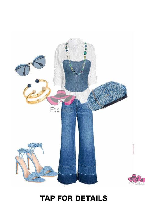 Denim on denim! wide leg jeans with white shirt and denim strapless corset! blue high heel sandals and denim handbag #denimondenim #whiteshirt #denimtop #outfitinspirations #outfitideas #fashioninfluencer #highheels #nyfashion #outfitblogger #trendylook #fashionblogg Denim Handbag, Blue High Heels, Denim Wide Leg, Denim On Denim, Denim Handbags, Denim Corset, Strapless Corset, Ny Fashion, Fashion App