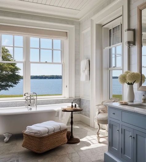 Coastal Grandmother Aesthetic Bathroom, Costal Grandmother Bathroom, Coastal Mansion Aesthetic, Coastal Granddaughter Room Wallpaper, Old Costal Houses, Beach House, House Interior, In This Moment