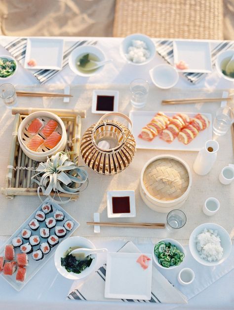 Sushi Dinner Party, Beach Dinner Parties, Asian Dinner, Summer Dinner Party, Japanese Party, Asian Party, Japanese Dinner, Sushi Dinner, Asian Dinners