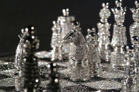 Royal Diamond Chess Set "The Royal Diamond Chess" entirely hand-made in 14-carat white gold set with approximately 9900 black and white diamonds is an extraordinary luxurious version of the classic chess-set. Designed by the renowned French artist designer and master of jewelry Bernard Maquin and as part of the Charles Hollander Collection "The Royal Diamond Chess" is a rare and precious work of fine art jewelary. This entirely hand-made creation is an expression of meticulous artisanship. W... Classic Chess Set, Rabastan Lestrange, Royal Diamond, Luxury Chess Sets, Lizzie Hearts, Chess Set Unique, Expensive Diamond, Yennefer Of Vengerberg, Royal Aesthetic