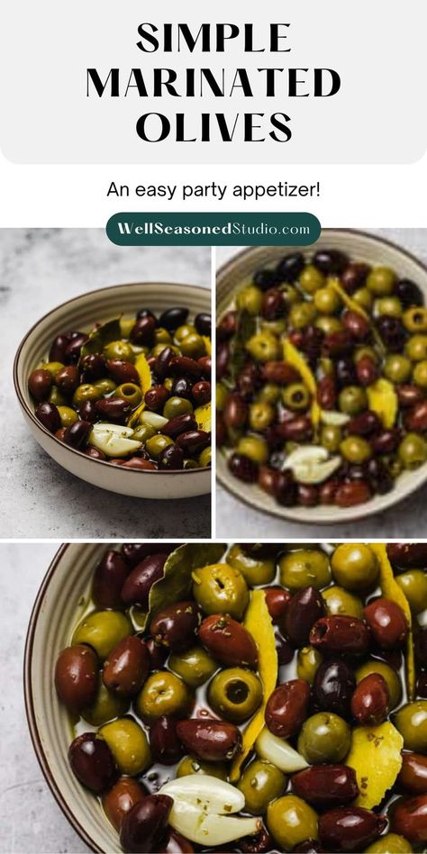 simple marinated olives in a bowl. Warm Marinated Olives, Rosemary Vinegar, Roasted Olives, Fresh Olives, Flavored Olive Oil, Marinated Olives, Olive Recipes, Scrumptious Food, Random Recipes