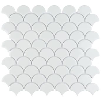 Affinity Tile Expressions Scallop White 11-in x 12-in Multi-finish Glass Uniform Squares Patterned Floor and Wall Tile (9.6-sq. ft/ Carton) in the Tile department at Lowes.com Fish Scale Tile, Ceramic Mosaic Tile, Merola Tile, Porcelain Mosaic Tile, White Fish, Mosaic Wall Tiles, Glass Floor, House Tiles, Fish Scale