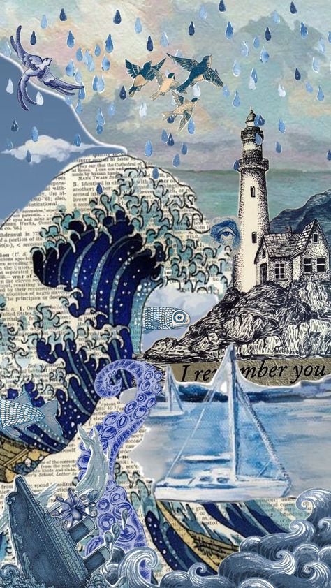 #oceanaesthetic #ocean #oceanvibes #sea #lighthouse #blueaesthetic Ocean Collage Art, Ocean Aesthetic Poster, Sea Collage, Collage Ocean Art, Ocean Collage, Marine Biology Aesthetic Collage, Ocean Collage Wallpaper, Under The Sea Collage, Ocean Aesthetic Wallpaper Collage