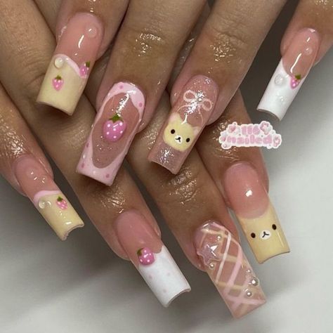 Fake Nails Designs, Cute Simple Nails, Hello Kitty Nails, Really Cute Nails, Pretty Gel Nails, Unique Acrylic Nails, Soft Nails, Bling Acrylic Nails, Kawaii Nails