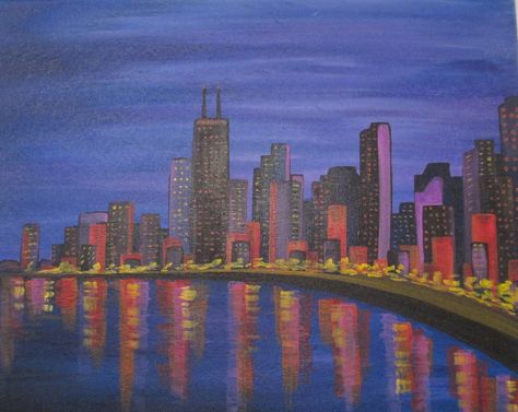 Chicago Skyline Chicago Skyline Painting, Chicago Landscape, Skyline Painting, Chicago Skyline, Easy Paintings, New York Skyline, Canvas Painting, Chicago, Paint