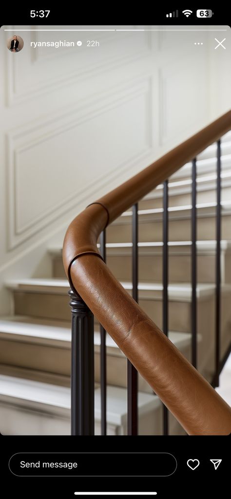 Leather Stair Railing, Leather Wrapped Handrail, Hand Railing, Stair Handrail, Stair Railing, Entrance Hall, Leather Wraps, Railing, Blue Leather