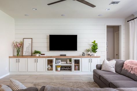 Champagne Taste Design, LLC on Instagram: “Love this Media Wall 🤩 Check out the before! #mediawall #modernfarmhouse #tvwall #custombuiltins #cleanstyle #cleandesign #whiteonwhite…” Toy Room Tv Wall, Family Room Media Wall, Tv Storage Wall, Ikea Media Wall, Bonus Room Design, Home Theater Room Design, Theater Room Design, Living Room Wall Units, Home Entertainment Centers