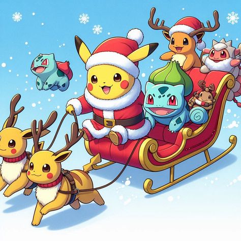 Christmas Pikachu Wallpaper, Christmas Pokemon Wallpaper, Christmas Pikachu Drawing, Christmas Pokemon Art, Christmas Eeveelutions, Merry Christmas Text, Santa Outfit, Cute Pokemon Pictures, Pokemon Teams