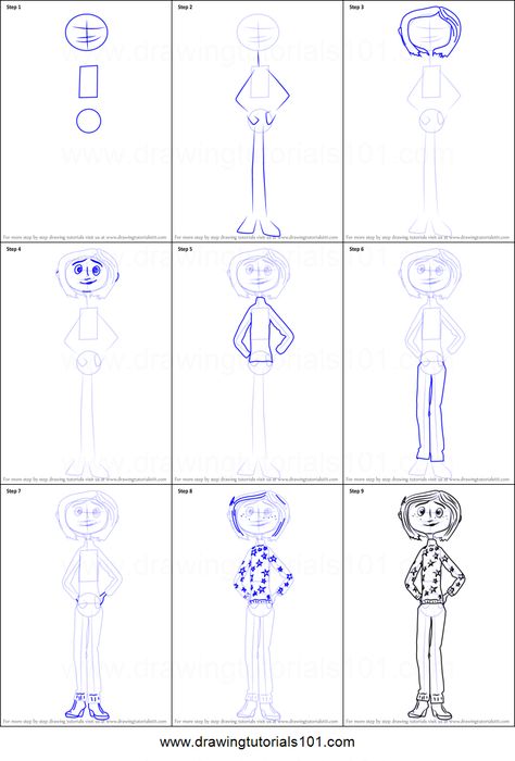 How to Draw Coraline Jones from Coraline printable step by step drawing sheet : DrawingTutorials101.com Coraline Characters Drawings, Coralline Drawings Easy, How To Draw Coraline, Coraline Drawing Easy, Cool Art Drawings Sketches, Coraline Characters, Gloves Drawing, Coraline Drawing, Henry Selick