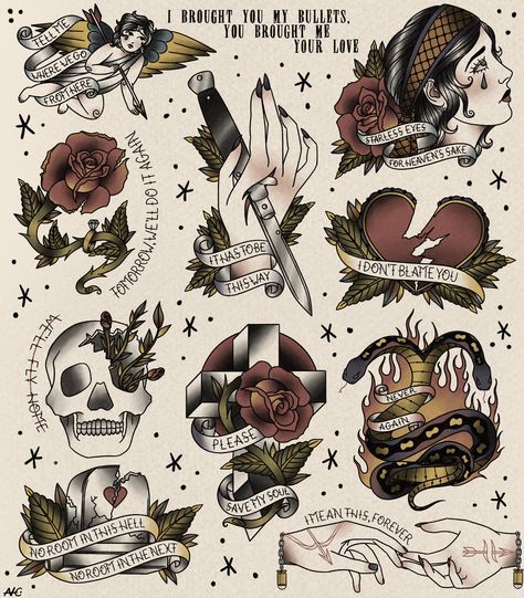 Chemical Tattoos, My Chemical Romance Tattoo, Mcr Tattoo, Mafia Tattoo, Flash Sketch, Traditional Tattoo Old School, Traditional Tattoo Flowers, Flash Sheet, Flash Tattoo Designs