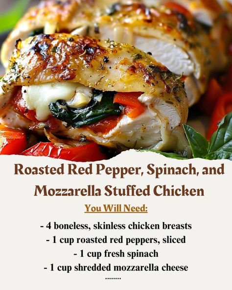 Mom's Favorite Recipes - Roasted Red Pepper, Spinach, and Mozzarella Stuffed Chicken Dinner tonight was a hit! Roasted Red Pepper, Spinach, and Mozzarella Stuffed Chicken that's bursting with flavor and cheese! 🍽️🧀🌿 _____Ingredients:_____ - 4 boneless, skinless chicken breasts - 1 cup roasted red peppers, sliced Must express something to keep getting my recipes.... Thank you. Recipe in First (c.o.m.m.e.n.t ). 👇👇👇 Enjoy  ❤️👇👇👇 | Facebook Mozzarella Stuffed Chicken Breast, Roasted Red Peppers Recipes, Mozzarella Stuffed Chicken, Spinach And Mozzarella, Red Pepper Recipes, Top Dinner Recipes, Kids Dinner, Bariatric Eating, Mozzarella Chicken