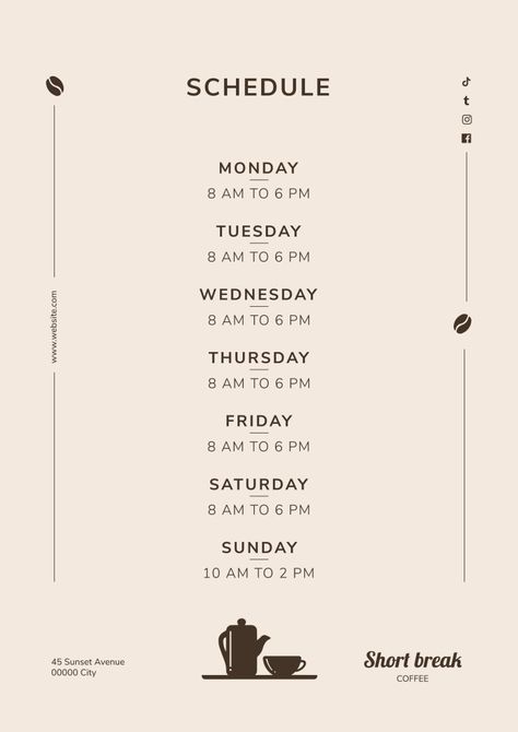 Simple Short Break Coffee Shop Schedule Gym Schedule, Work Out Routines Gym, Spa Therapy, Schedule Templates, Tableau Design, Gym Routine, Organic Style, Schedule Template, Short Break