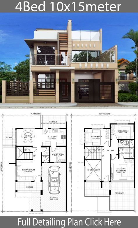 Home Design Plan 10x15m With 4 Bedrooms - Home Ideas Model House Design, Philippines House Design, Two Story House Design, Pelan Rumah, Modern House Floor Plans, 2 Storey House Design, Two Story House, Duplex House Plans, House Design Pictures