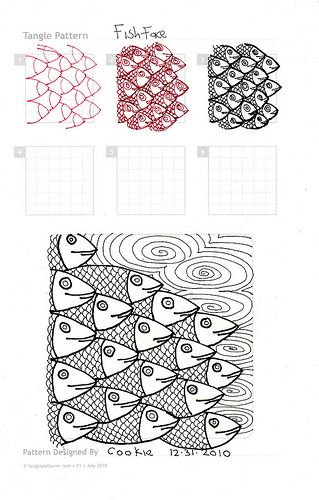 Tangle patterns I created over the New Years Weekend. I always liked patterns with fish.  Most fish are cute, especially gold fish. Zantangle Art, Zentangle Tutorial, Drawing Pattern, Tangle Pattern, Tangle Doodle, Zentangle Designs, Doodle Inspiration, Tangle Art, Soyut Sanat Tabloları