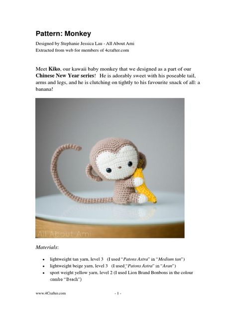 Monkey Crochet Pattern Free, Crochet Monkey Pattern Free, Crocheted Monkey, Monkey With Banana, Crochet For Dummies, Crochet Monkey Pattern, Monkey Amigurumi, Eyes Embroidery, Monkey Toy