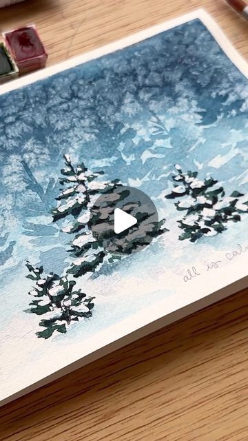 Winter Scene Cards, Snowy Landscape Watercolor, Watercolor Winter Art, Watercolor Art Christmas Cards, Winter Watercolor Paintings Easy, Christmas Watercolour Painting, Winter Watercolor Simple, Watercolor Christmas Cards Tutorial, Winter Watercolor Paintings